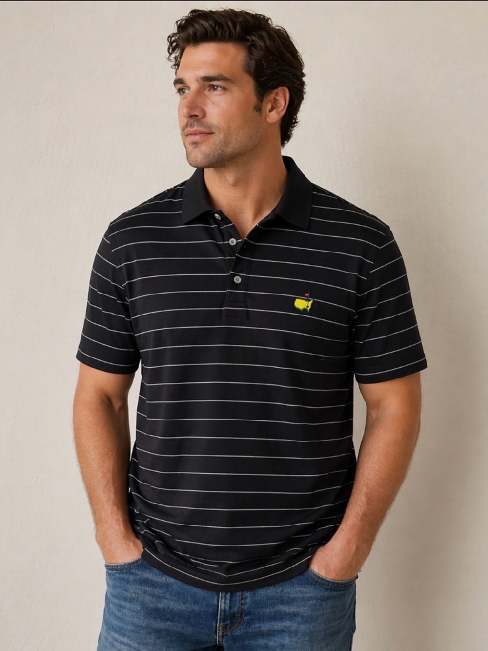 Men's Black Stripe Polo with Yellow Chest Accent